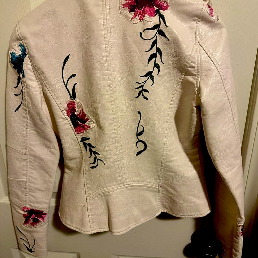 Faux leather Floral Embroidered White Jacket